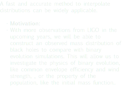 A fast and accurate method to interpolate distributions can be widely applicable. Motivation: With more observations from LIGO in the upcoming years, we will be able to construct an observed mass distribution of black holes to compare with binary evolution simulations. This will allow us to investigate the physics of binary evolution, like common envelope efficiency and wind strength, , or the property of the population, like the initial mass function.. 