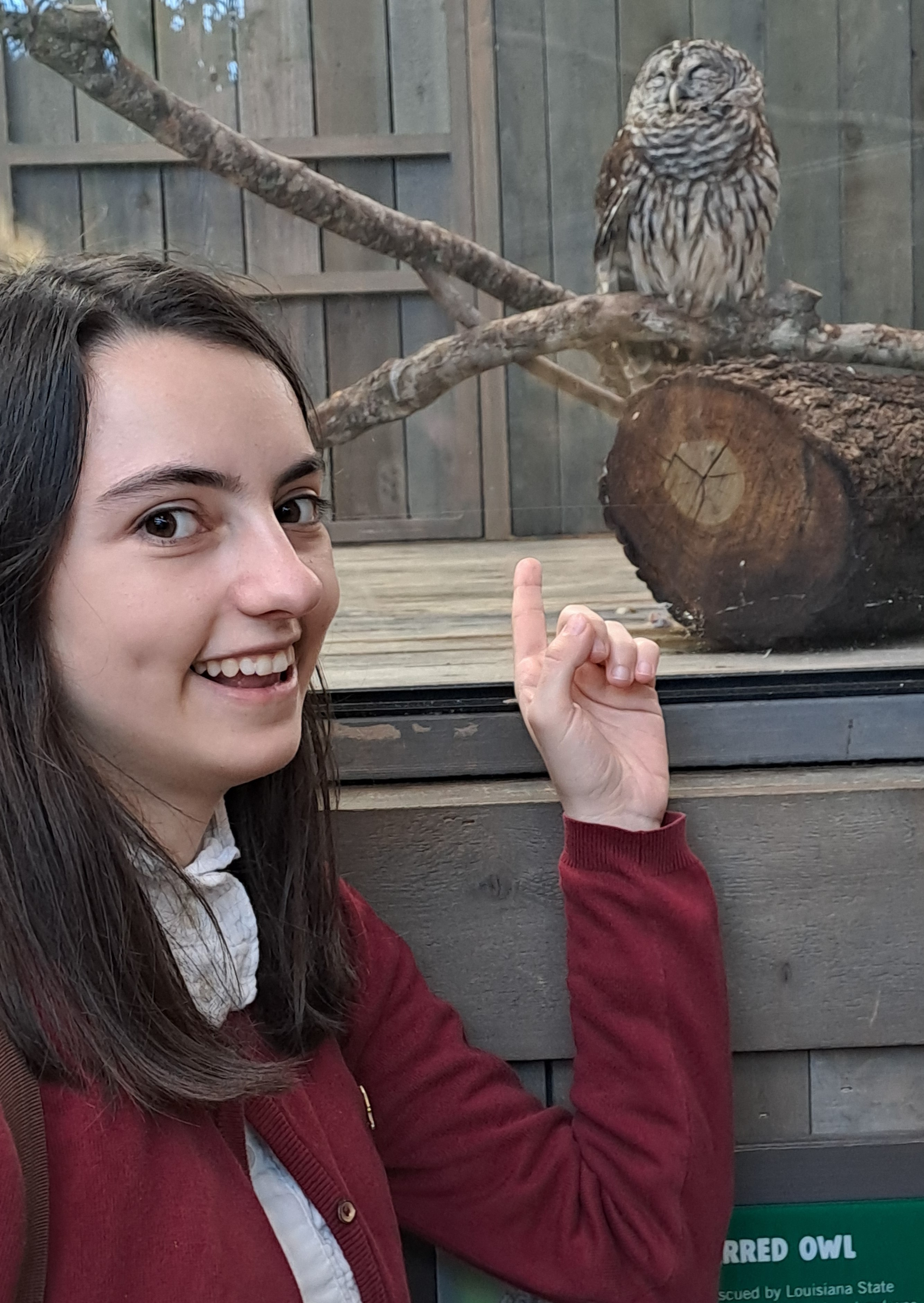 Image of myself and an owl at Audubon Aquarium in New Orleans, LA.